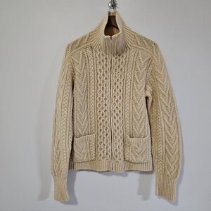Vintage Irish Cable Knit Cardigan Cream Fisherman Wool Heritage Aran Medium 38